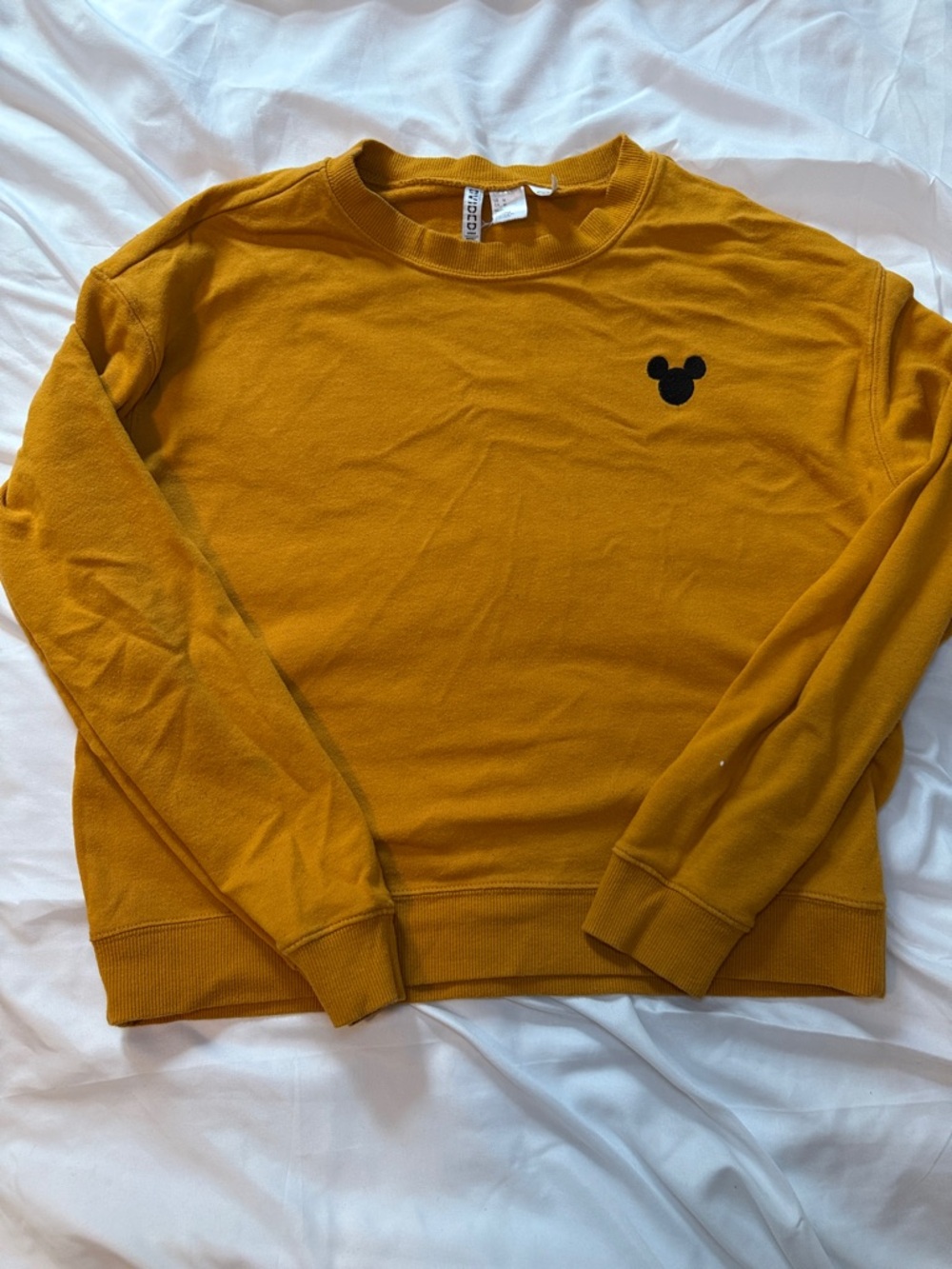Disney Men's Mustard Crewneck Sweater with Black Mickey Logo